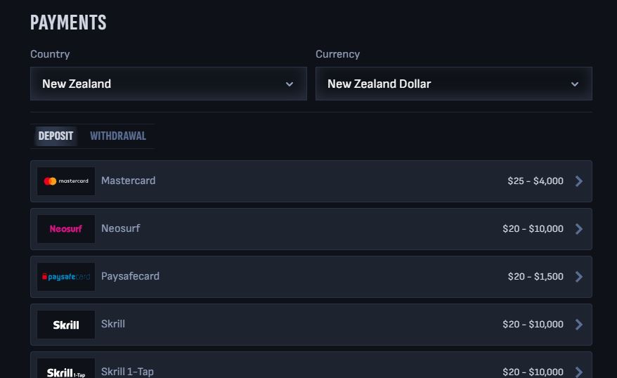 Choose payment method and make deposit
