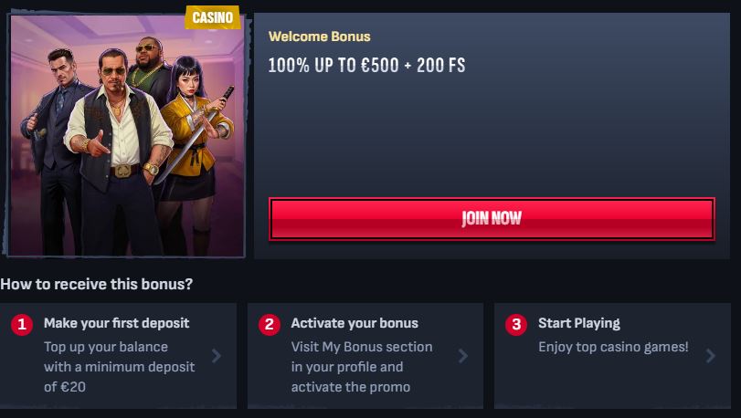 Register at Mafia Casino and receive welcome bonus